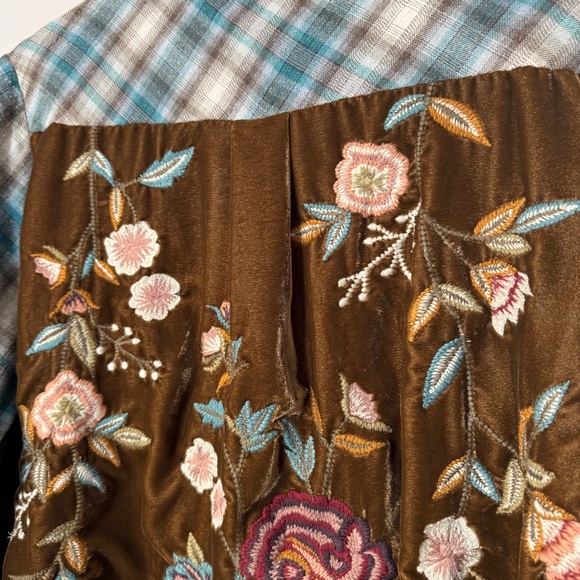 Kyla Seo Plaid Velvet Embroidered Back Button Up Tunic Top Boho Size XXL - Picture 9 of 14